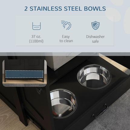 PawHut Pet Feeding Station with Raised Dog Bowls, Adjustable Panel, Hooks, Black