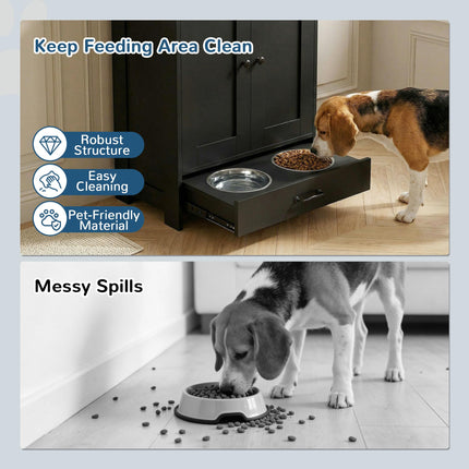 PawHut Pet Feeding Station with Raised Dog Bowls, Adjustable Panel, Hooks, Black