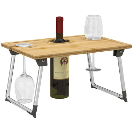 Portable Bamboo Picnic Table with Wine and Glass Holders - Natural