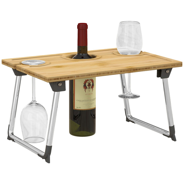 Portable Bamboo Picnic Table with Wine and Glass Holders - Natural