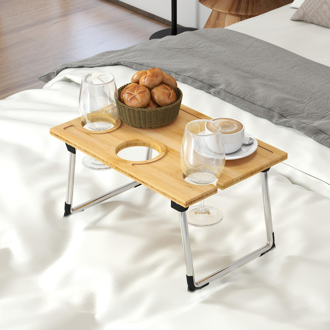Portable Bamboo Picnic Table with Wine and Glass Holders - Natural