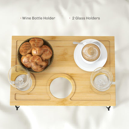 Portable Bamboo Picnic Table with Wine and Glass Holders - Natural