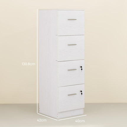 Four-Drawer Lockable Filing Cabinet with Hanging Bars - White Wood Effect