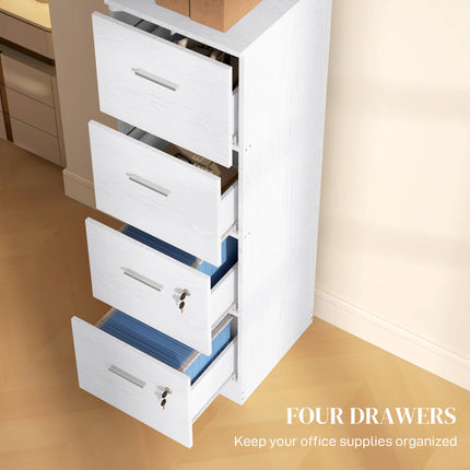 Four-Drawer Lockable Filing Cabinet with Hanging Bars - White Wood Effect