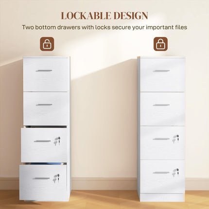 Four-Drawer Lockable Filing Cabinet with Hanging Bars - White Wood Effect