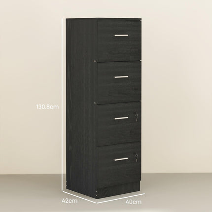 Four-Drawer Lockable Filing Cabinet with Hanging Bars - Black Wood Effect