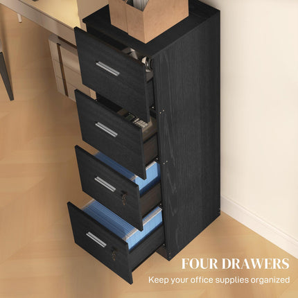 Four-Drawer Lockable Filing Cabinet with Hanging Bars - Black Wood Effect
