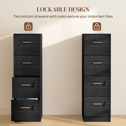 Four-Drawer Lockable Filing Cabinet with Hanging Bars - Black Wood Effect