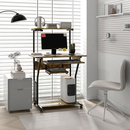 Multi-Storage Work Desk with Sliding Keyboard Tray and Wheels - Brown/Black