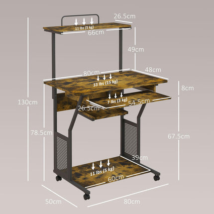 Multi-Storage Work Desk with Sliding Keyboard Tray and Wheels - Brown/Black