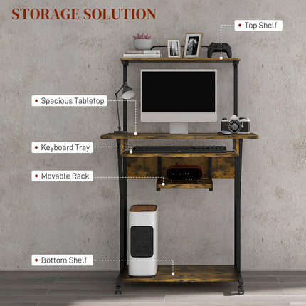 Multi-Storage Work Desk with Sliding Keyboard Tray and Wheels - Brown/Black