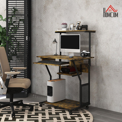 Multi-Storage Work Desk with Sliding Keyboard Tray and Wheels - Brown/Black