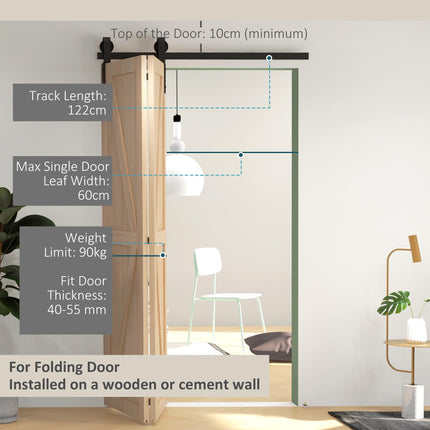4FT/122CM Heavy Duty Bi-Folding Sliding Barn Door Hardware Track Kit for 2 Doors - Black