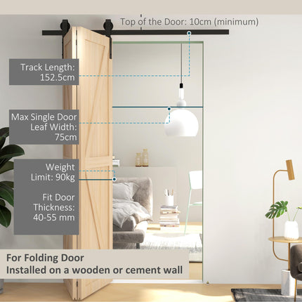 5ft Bi-Folding Sliding Barn Door Hardware Kit with J-Rollers - Black