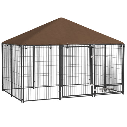 Outdoor Dog Kennel Puppy Play Pen with Canopy, Fence & Rotating Bowl 211x141x151 cm - Black/Brown