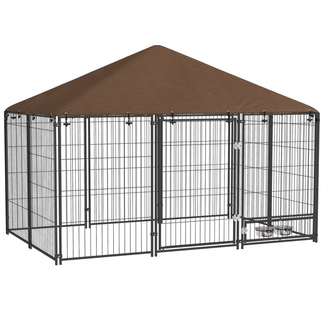 Outdoor Dog Kennel Puppy Play Pen with Canopy, Fence & Rotating Bowl 211x141x151 cm - Black/Brown