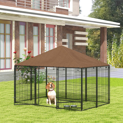 Outdoor Dog Kennel Puppy Play Pen with Canopy, Fence & Rotating Bowl 211x141x151 cm - Black/Brown