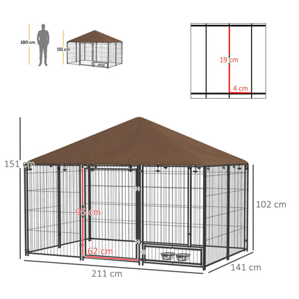 Outdoor Dog Kennel Puppy Play Pen with Canopy, Fence & Rotating Bowl 211x141x151 cm - Black/Brown