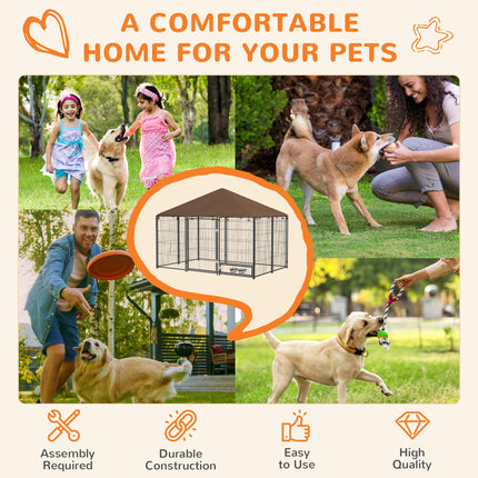 Outdoor Dog Kennel Puppy Play Pen with Canopy, Fence & Rotating Bowl 211x141x151 cm - Black/Brown