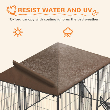 Outdoor Dog Kennel Puppy Play Pen with Canopy, Fence & Rotating Bowl 211x141x151 cm - Black/Brown