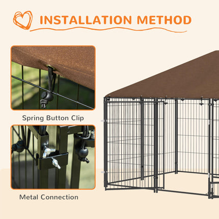 Outdoor Dog Kennel Puppy Play Pen with Canopy, Fence & Rotating Bowl 211x141x151 cm - Black/Brown