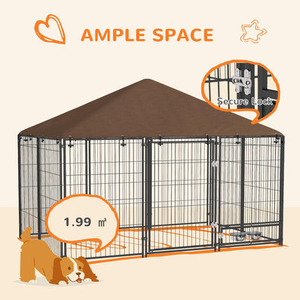 Outdoor Dog Kennel Puppy Play Pen with Canopy, Fence & Rotating Bowl 211x141x151 cm - Black/Brown