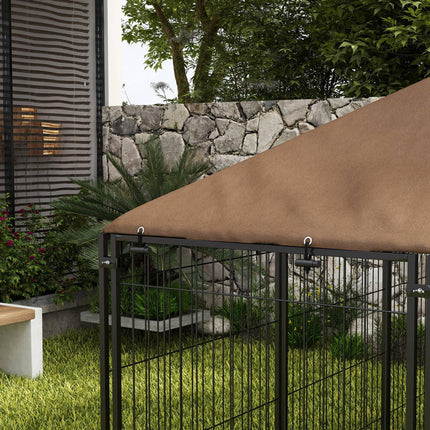 Outdoor Dog Kennel Puppy Play Pen with Canopy, Fence & Rotating Bowl 211x141x151 cm - Black/Brown