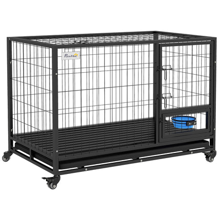 48" Heavy Duty Large XL Dog Crate on Wheels with Double Doors, Removable Tray & Bowl Holder - Black