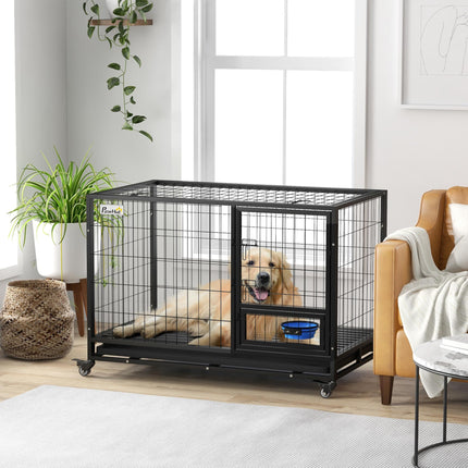 48" Heavy Duty Large XL Dog Crate on Wheels with Double Doors, Removable Tray & Bowl Holder - Black