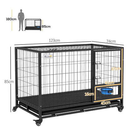 48" Heavy Duty Large XL Dog Crate on Wheels with Double Doors, Removable Tray & Bowl Holder - Black