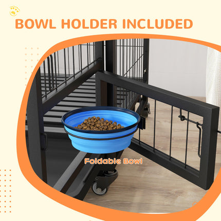 48" Heavy Duty Large XL Dog Crate on Wheels with Double Doors, Removable Tray & Bowl Holder - Black
