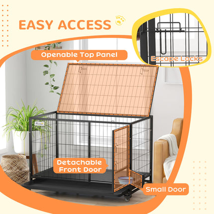 48" Heavy Duty Large XL Dog Crate on Wheels with Double Doors, Removable Tray & Bowl Holder - Black