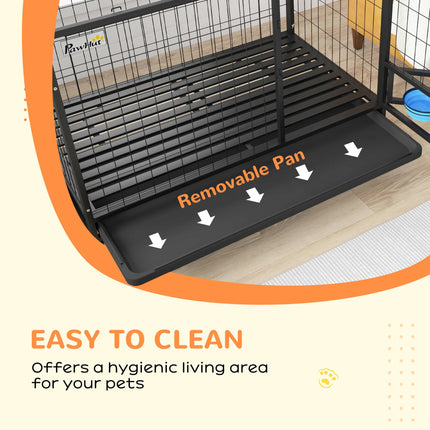 48" Heavy Duty Large XL Dog Crate on Wheels with Double Doors, Removable Tray & Bowl Holder - Black
