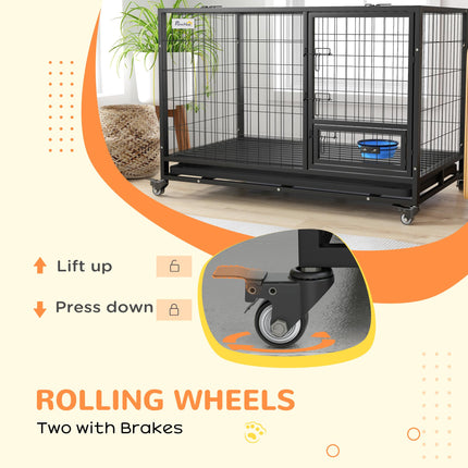 48" Heavy Duty Large XL Dog Crate on Wheels with Double Doors, Removable Tray & Bowl Holder - Black