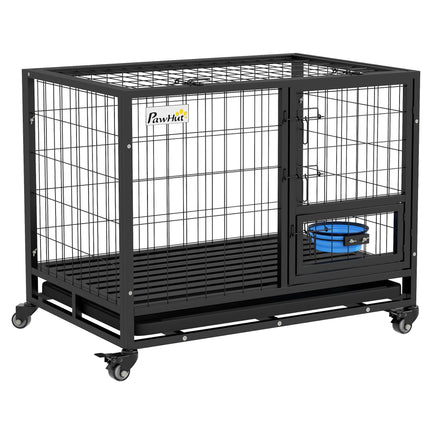 Heavy Duty Dog Crate on Wheels with Double Doors, Removable Tray & Bowl Holder for Large XL Dogs - Black