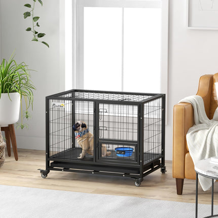 Heavy Duty Dog Crate on Wheels with Double Doors, Removable Tray & Bowl Holder for Large XL Dogs - Black