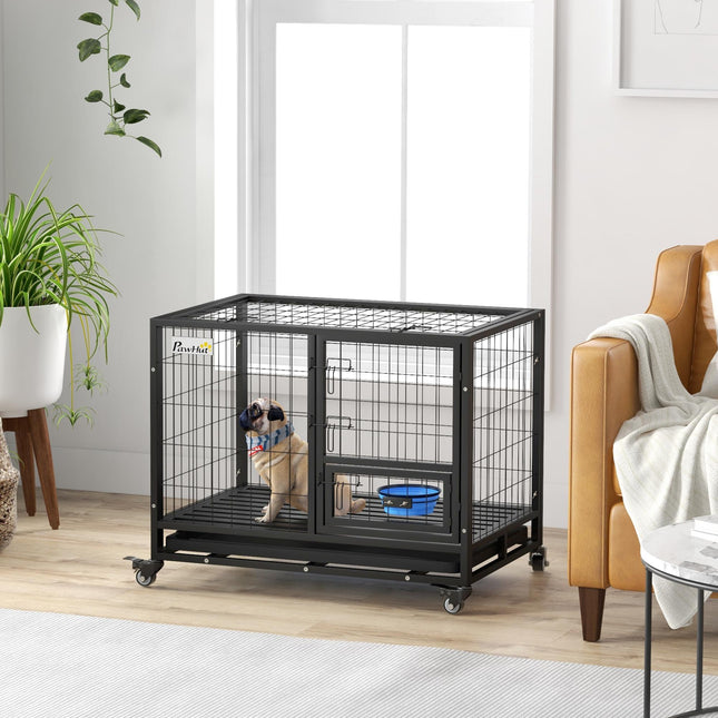 Heavy Duty Dog Crate on Wheels with Double Doors, Removable Tray & Bowl Holder for Large XL Dogs - Black