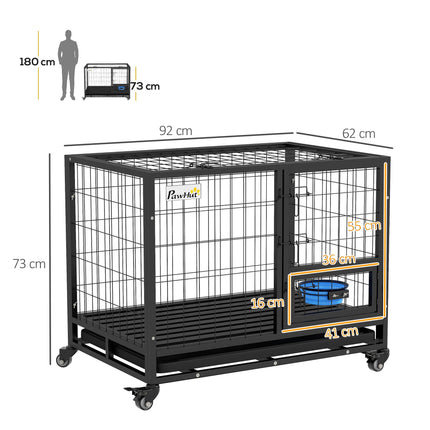 Heavy Duty Dog Crate on Wheels with Double Doors, Removable Tray & Bowl Holder for Large XL Dogs - Black