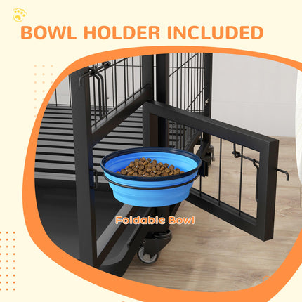 Heavy Duty Dog Crate on Wheels with Double Doors, Removable Tray & Bowl Holder for Large XL Dogs - Black