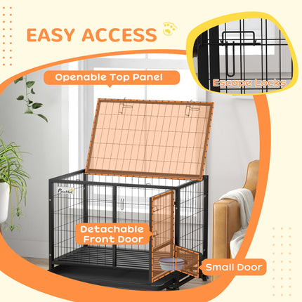 Heavy Duty Dog Crate on Wheels with Double Doors, Removable Tray & Bowl Holder for Large XL Dogs - Black