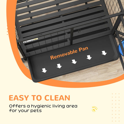 Heavy Duty Dog Crate on Wheels with Double Doors, Removable Tray & Bowl Holder for Large XL Dogs - Black