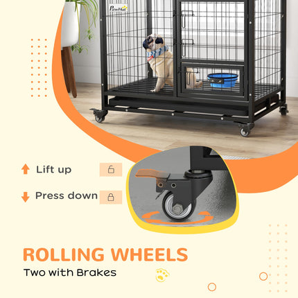 Heavy Duty Dog Crate on Wheels with Double Doors, Removable Tray & Bowl Holder for Large XL Dogs - Black