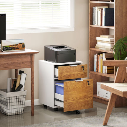 Two-Drawer Lockable Filing Cabinet with Wheels - Wood Effect