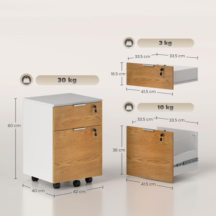 Two-Drawer Lockable Filing Cabinet with Wheels - Wood Effect