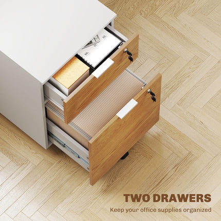 Two-Drawer Lockable Filing Cabinet with Wheels - Wood Effect