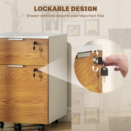 Two-Drawer Lockable Filing Cabinet with Wheels - Wood Effect