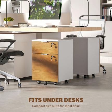 Two-Drawer Lockable Filing Cabinet with Wheels - Wood Effect