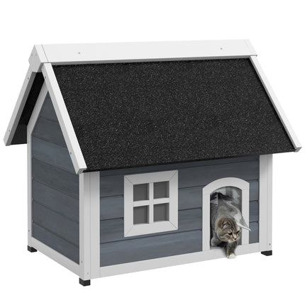 Outdoor Wooden Cat House with Three Doors and Openable Asphalt Roof - Grey