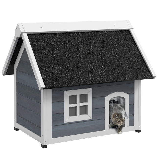 Outdoor Wooden Cat House with Three Doors and Openable Asphalt Roof - Grey