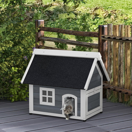 Outdoor Wooden Cat House with Three Doors and Openable Asphalt Roof - Grey